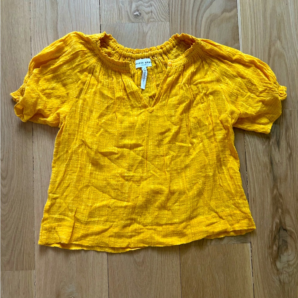 A Piece Apart Mustard Yellow Textured Peasant Blouse XS | Boho Cotton Gauze Top